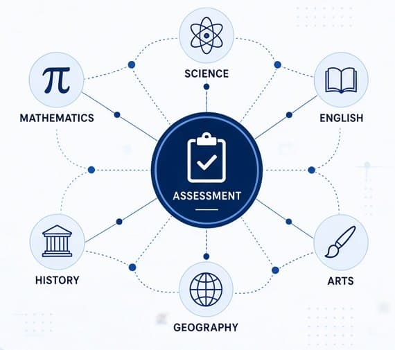 Mathematics, science, English, history, geography and arts connected around a central assessment.